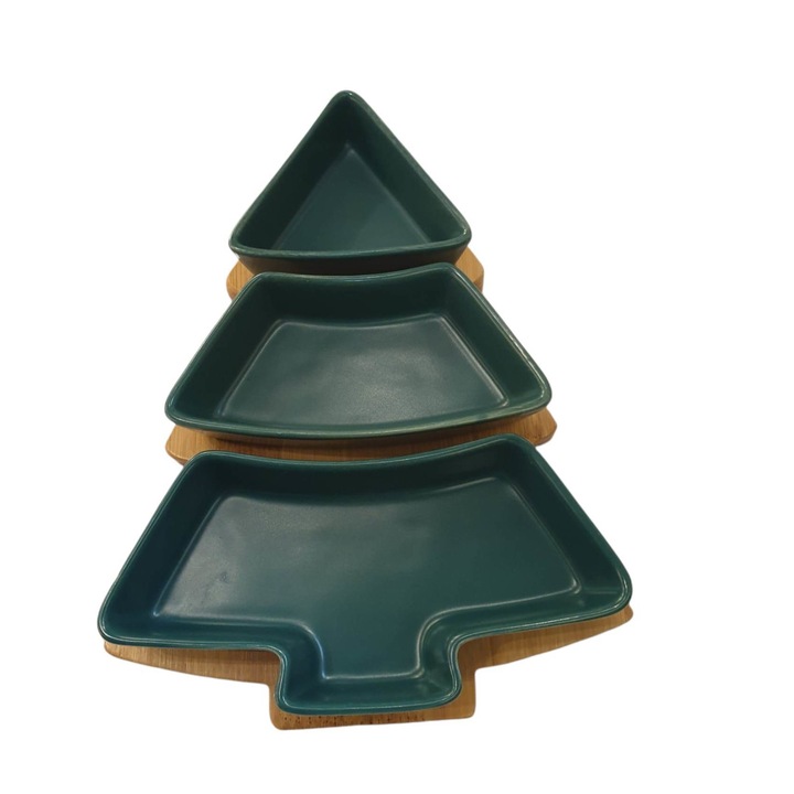 Bol de servire cu 3 compartimente din ceramic verde in forma de brad cu suport bambus, 27cm