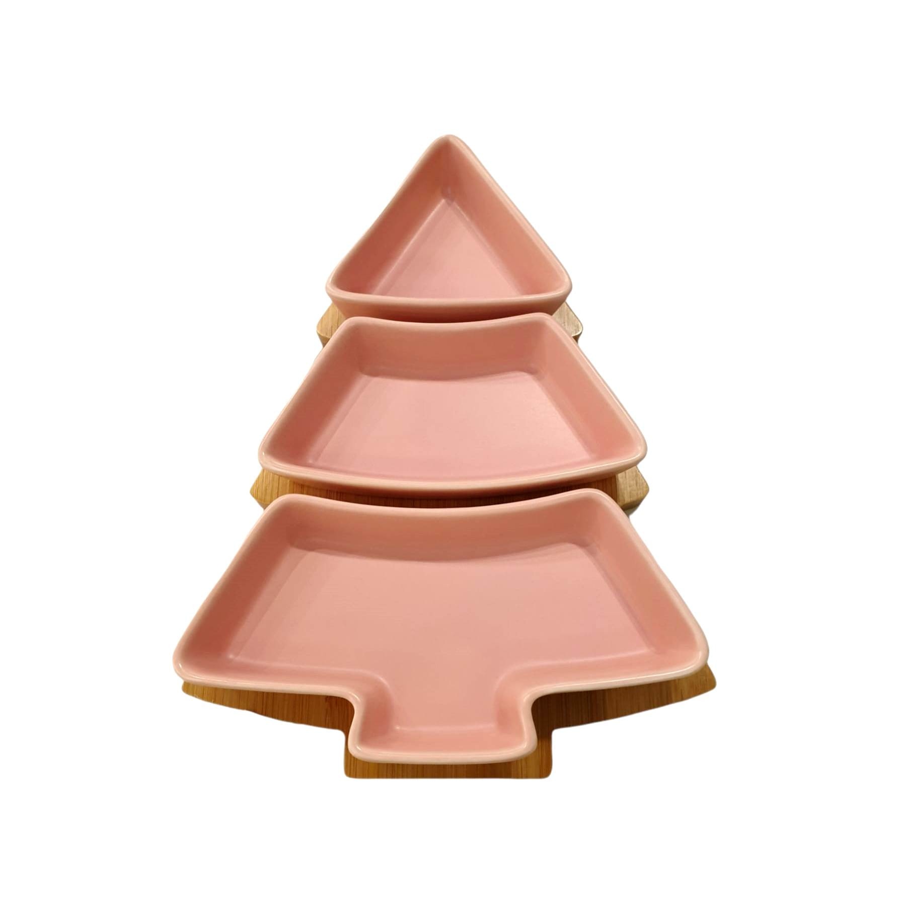 Bol de servire cu 3 compartimente din ceramic Roz in forma de brad cu suport bambus, 27cm