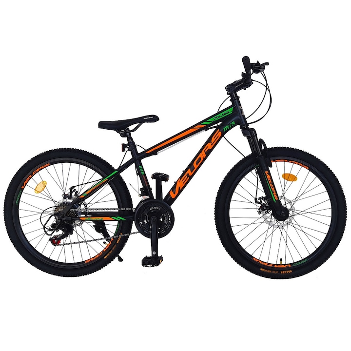 Bicicleta MTB cu Roti de 24", echipare Shimano, Frane DISC-fata/spate, 21 Viteze, negru/portocaliu, Mountain Bike Velors Challenge Genius pentru copii, Marime M