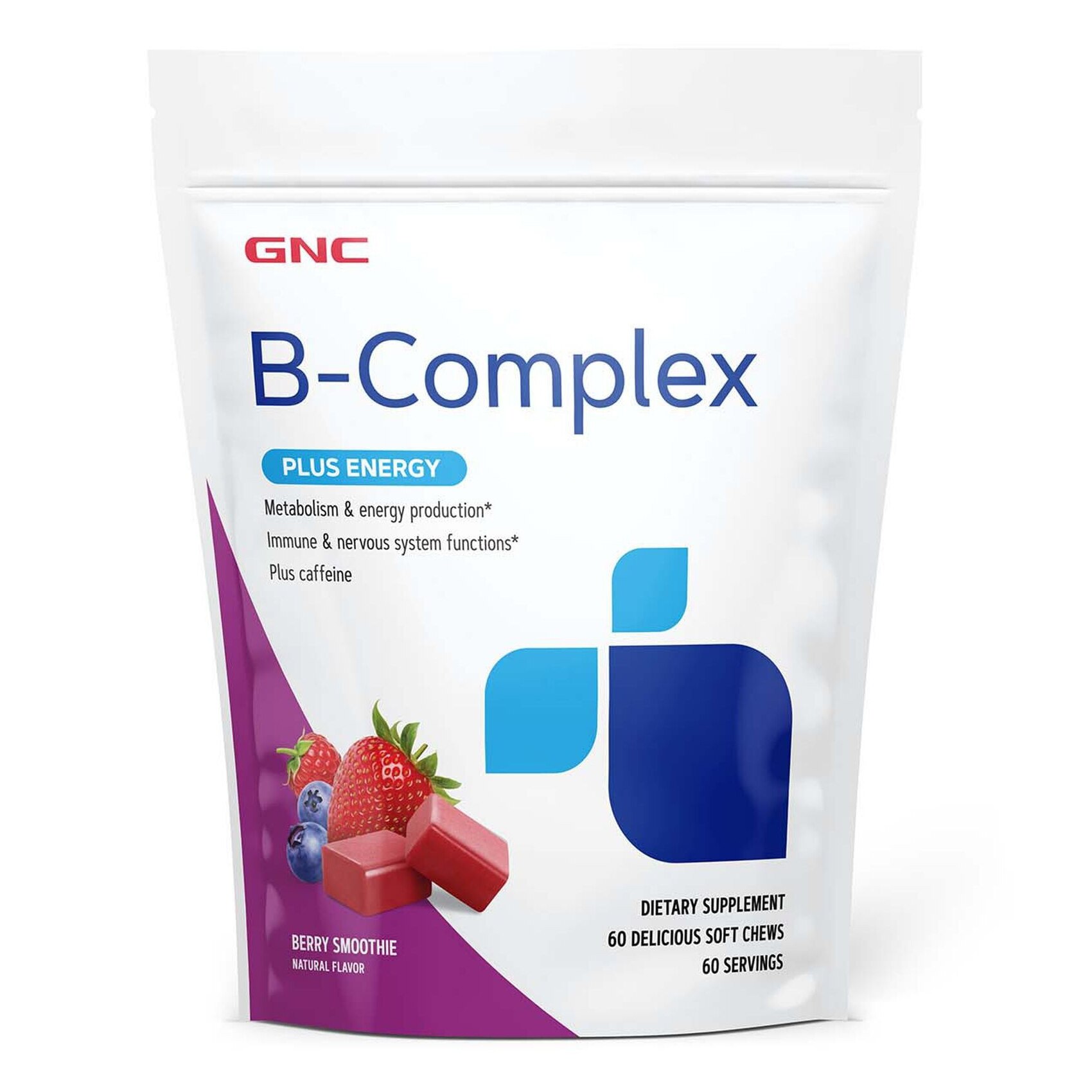 Caramele Gumate GNC B-Complex Plus Energy, Aroma de Smoothie de Fructe De Padure, 60 Caramele