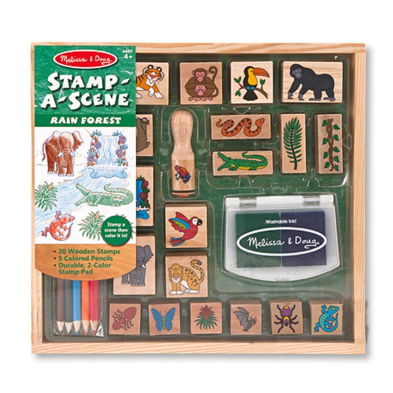 Set stampile pentru copii, Melissa & Doug, Animale din jungla, Lemn, 27x 30x4 cm, Multicolor