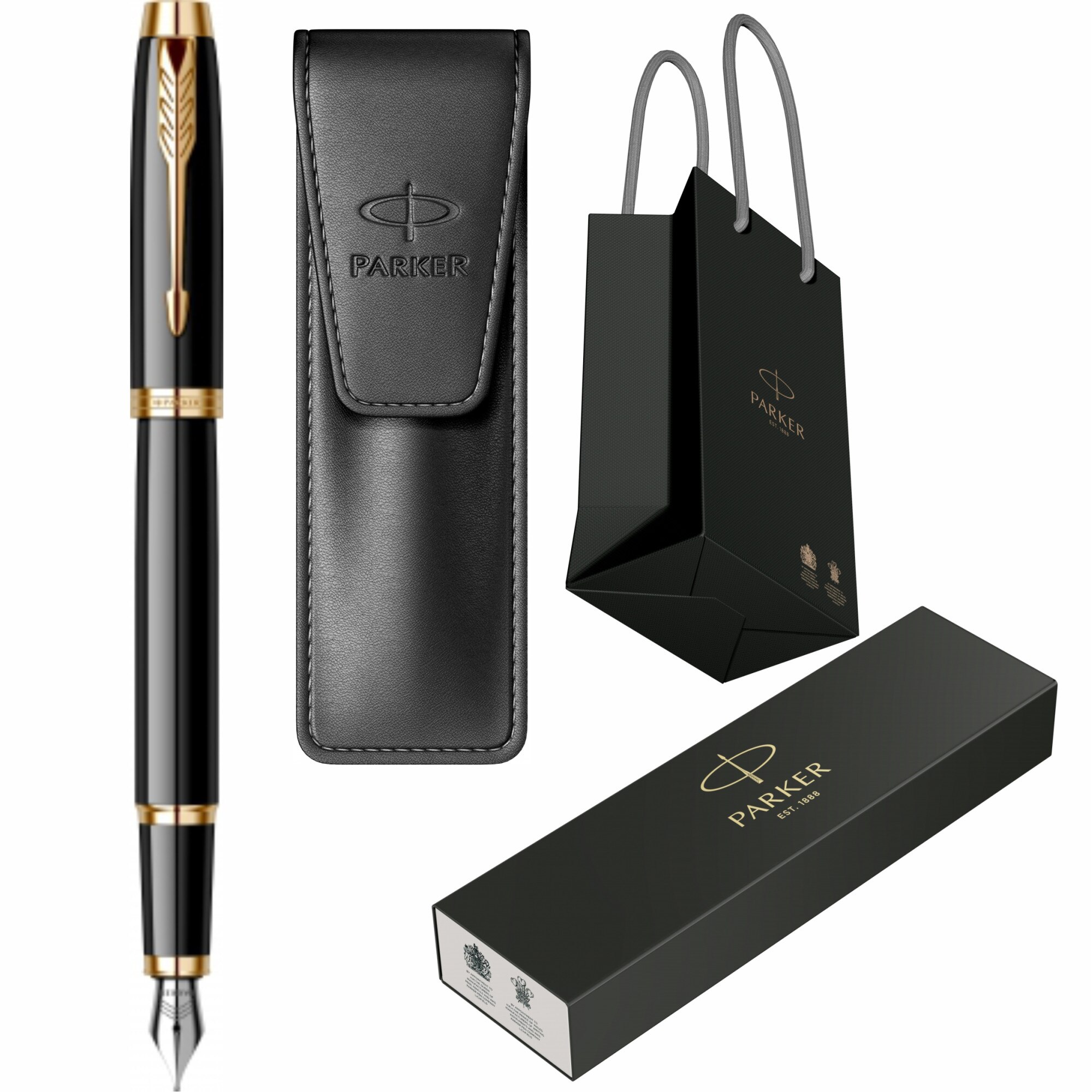 Set Parker IM Royal Black Lacquer GT Personalizat prin Gravura Laser cu Etui Leather Black si Punga