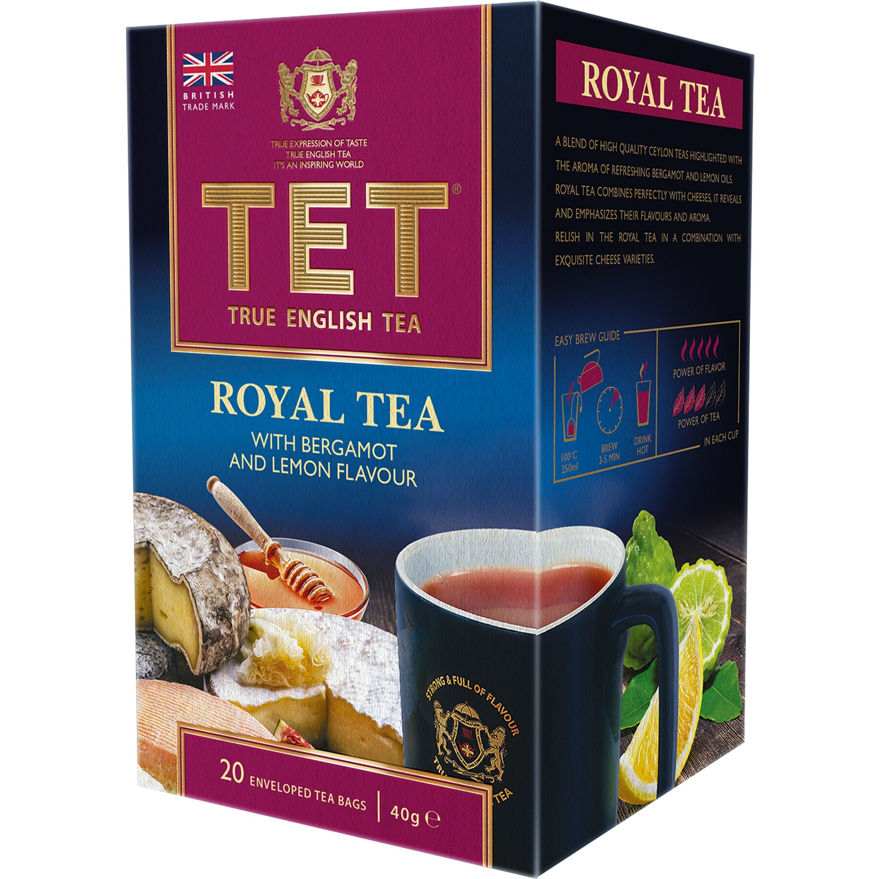 Amestec de ceai negru Tet Royal Tea cu aroma de lamaie si bergamota, 20 pliculete, 40 g