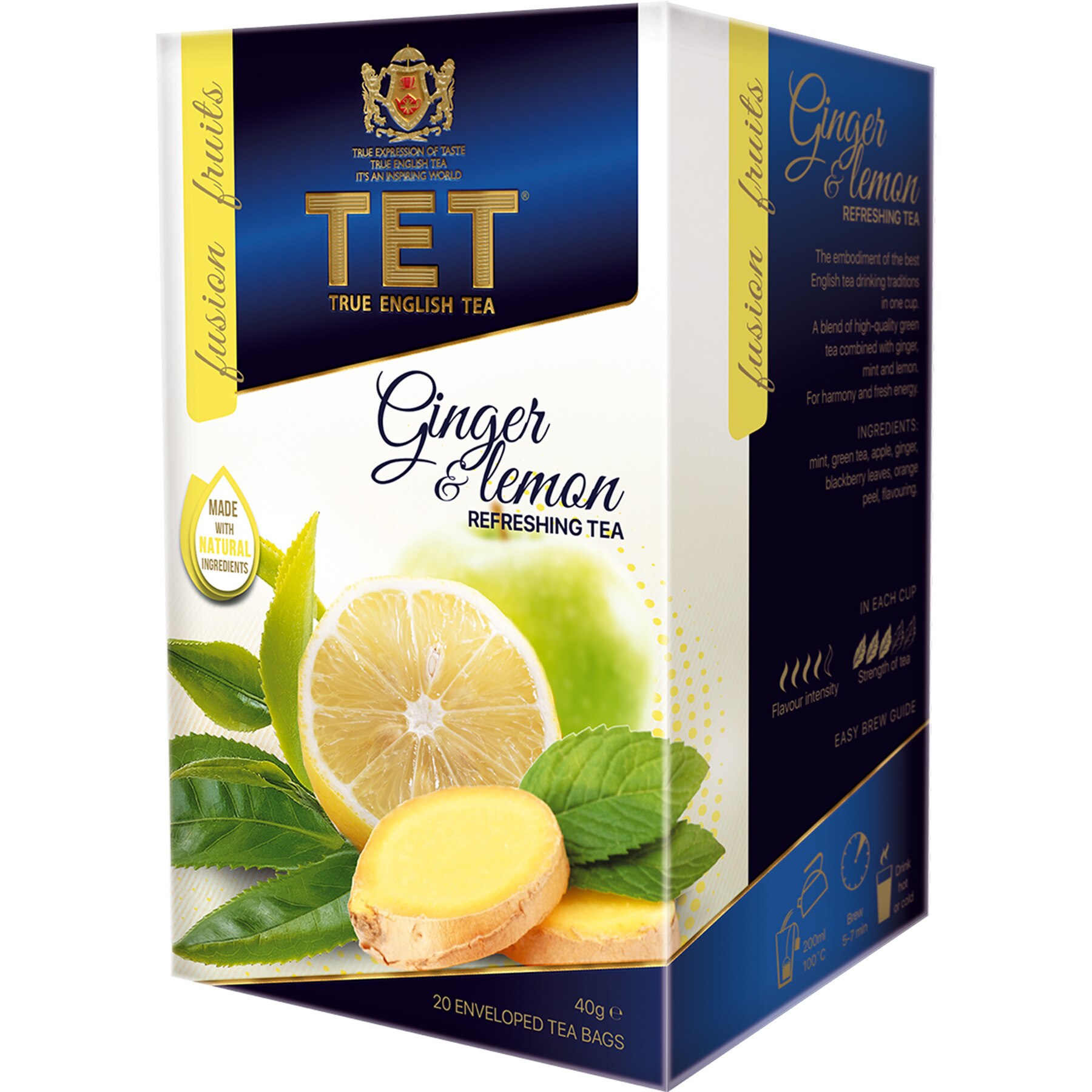 Ceai verde Tet Fusion Fruits cu aroma de ghimbir, lamaine si menta, 20 pliculete, 40 g
