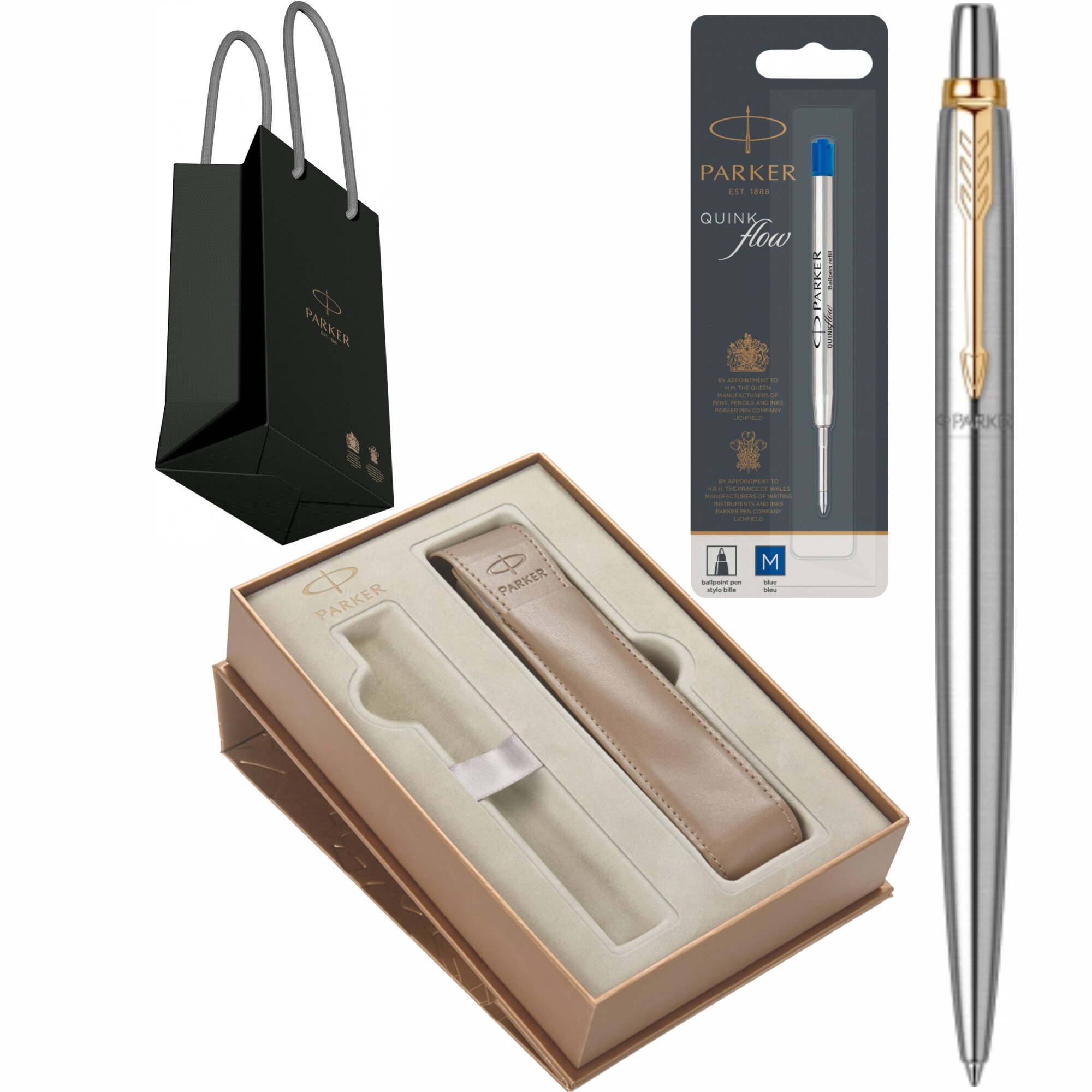 Set Parker Pix Jotter Royal Stainless SteeL GT Personalizat prin Gravura Laser in Cutie cu Etui Premium, cu rezerva mina pix Quink Flow Blue si punga