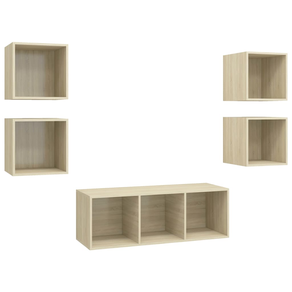 Set de 5 dulapuri TV de perete vidaXL, PAL, 37 x 37 x 107 cm, Maro/Stejar Sonoma