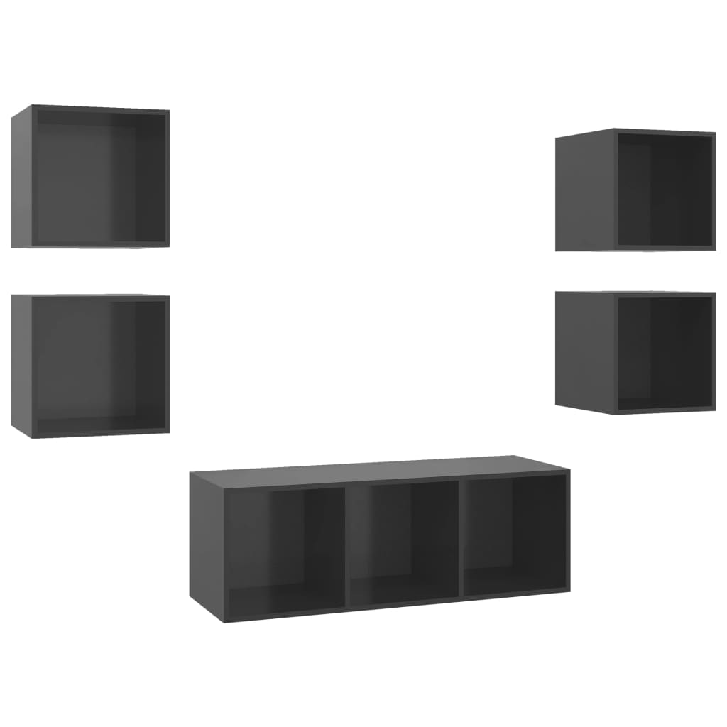 Set de 5 dulapuri TV de perete din pal extralucios vidaXL, PAL, 37 x 37 x 107 cm, Gri