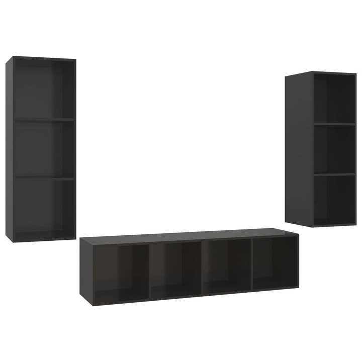 Set de dulapuri TV vidaXL, 3 piese, negru extralucios, lemn prelucrat, 41.5 kg, 37 x 37 x 107 cm