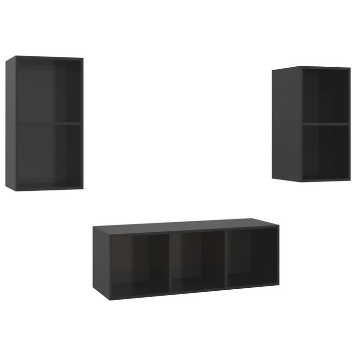 Set de dulapuri TV vidaXL, 3 piese, negru extralucios, lemn prelucrat, 30.5 kg