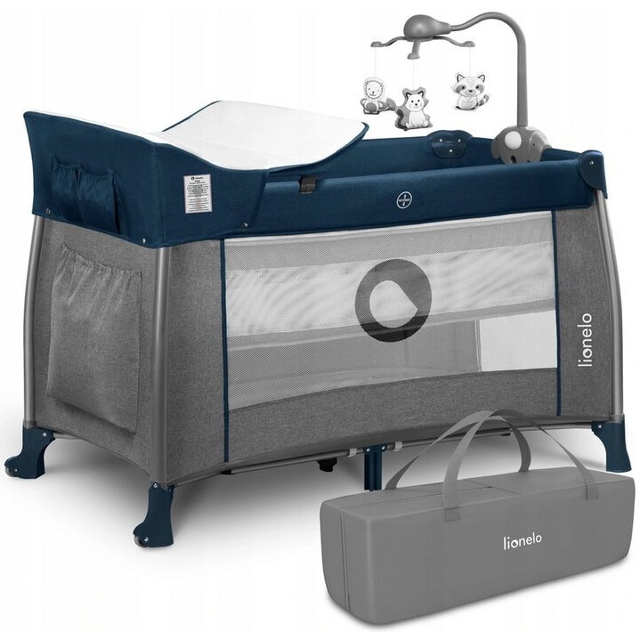 Patut pliant Lionelo Thomi cu nivel intermediar, carusel, masuta de infasat, 120 x 60 cm, Blue Navy