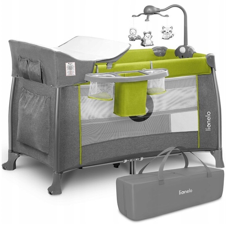 Patut pliant Lionelo Thomi cu nivel intermediar, carusel, masuta de infasat, 120 x 60 cm, Green Lemon