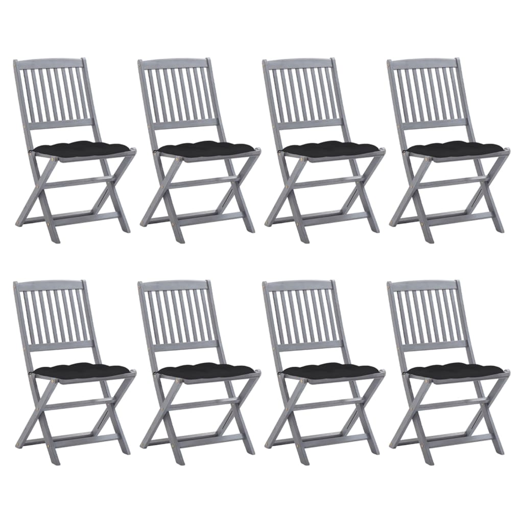Set de 8 scaune de exterior pliabile cu perne negre vidaXL, Lemn de acacia, 48.5 x 57 x 91 cm, perna 7 cm, Gri/Negru