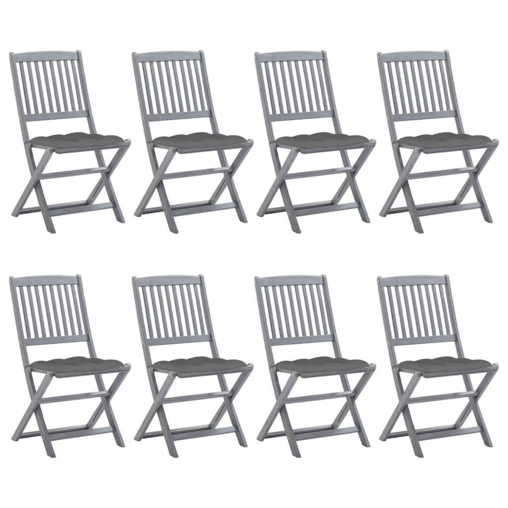 Set de 8 scaune de exterior pliabile cu perne gri vidaXL, Lemn de acacia, 48.5 x 57 x 91 cm, perna 7 cm, Gri