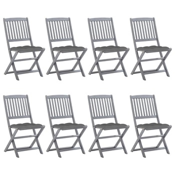 Set de 8 scaune de exterior pliabile cu perne gri vidaXL, Lemn de acacia, 48.5 x 57 x 91 cm, perna 7 cm, Gri