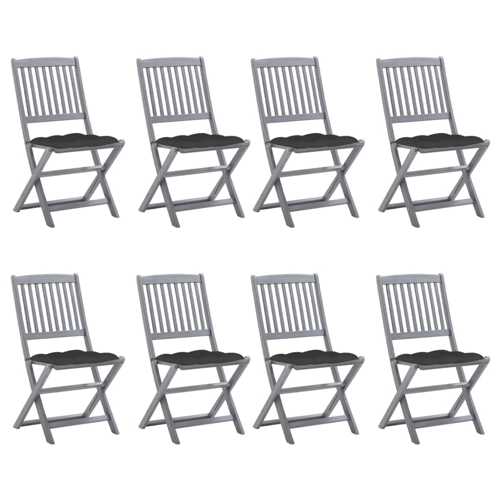 Set de 8 scaune de exterior pliabile cu perne antracit vidaXL, Lemn de acacia, 48.5 x 57 x 91 cm, perna 7 cm, Gri/Antracit