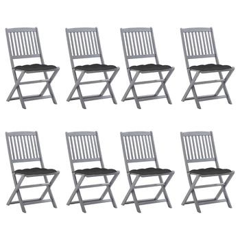 Set de 8 scaune de exterior pliabile cu perne antracit vidaXL, Lemn de acacia, 48.5 x 57 x 91 cm, perna 7 cm, Gri/Antracit