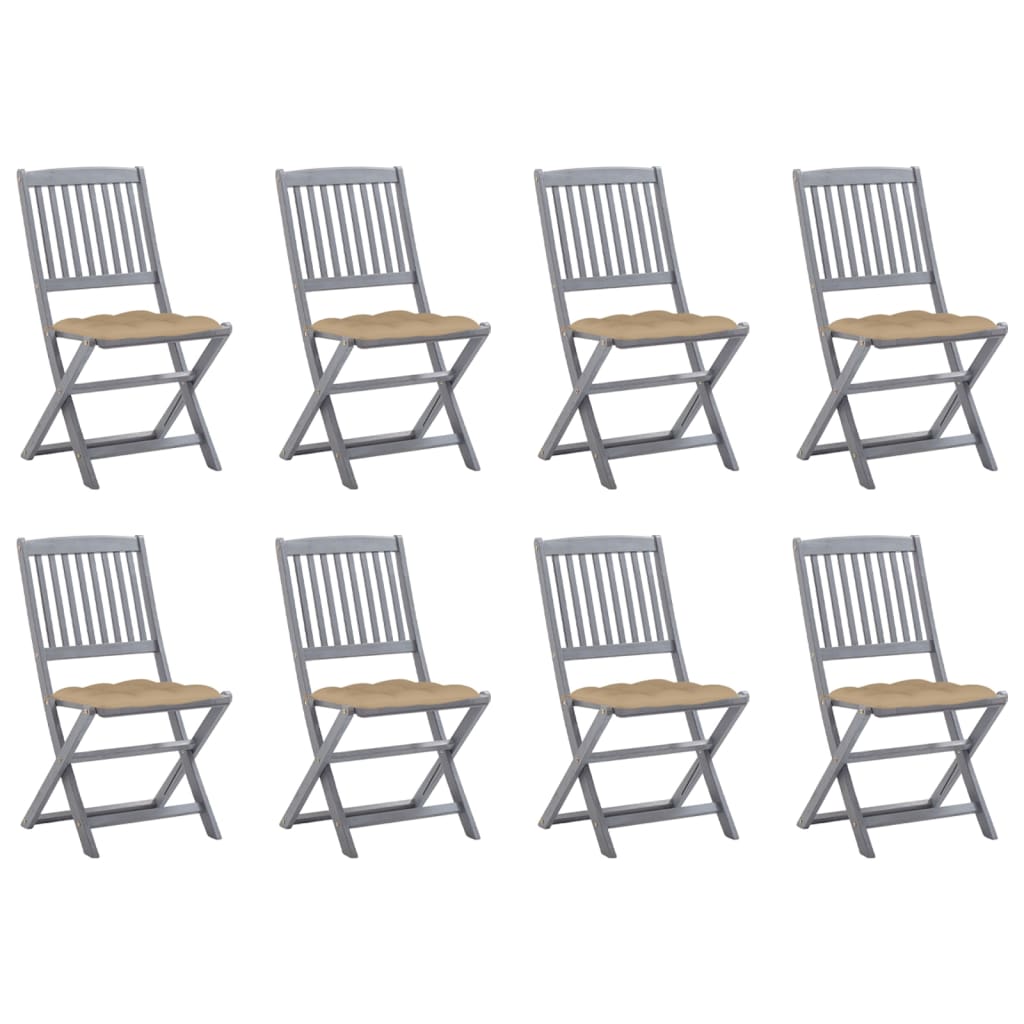 Set de 8 scaune de exterior pliabile cu perne bej vidaXL, Lemn de acacia, 48.5 x 57 x 91 cm, perna 7 cm, Gri/Bej