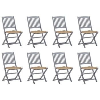Set de 8 scaune de exterior pliabile cu perne bej vidaXL, Lemn de acacia, 48.5 x 57 x 91 cm, perna 7 cm, Gri/Bej