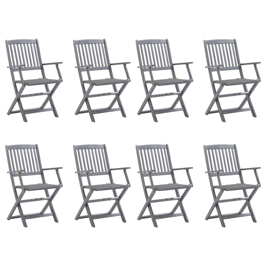 Set de 8 scaune de exterior pliabile cu perne vidaXL, Lemn de acacia, 54 x 57 x 91 cm, perna 4 cm, Gri