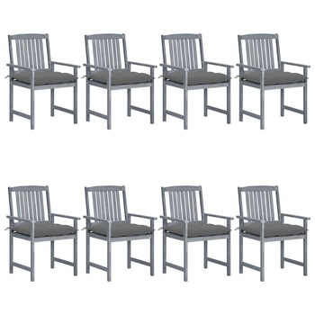 Set de 8 scaune de gradina din lemn masiv cu perne gri vidaXL, Lemn, 61 x 57 x 92 cm, perna 7 cm, Gri