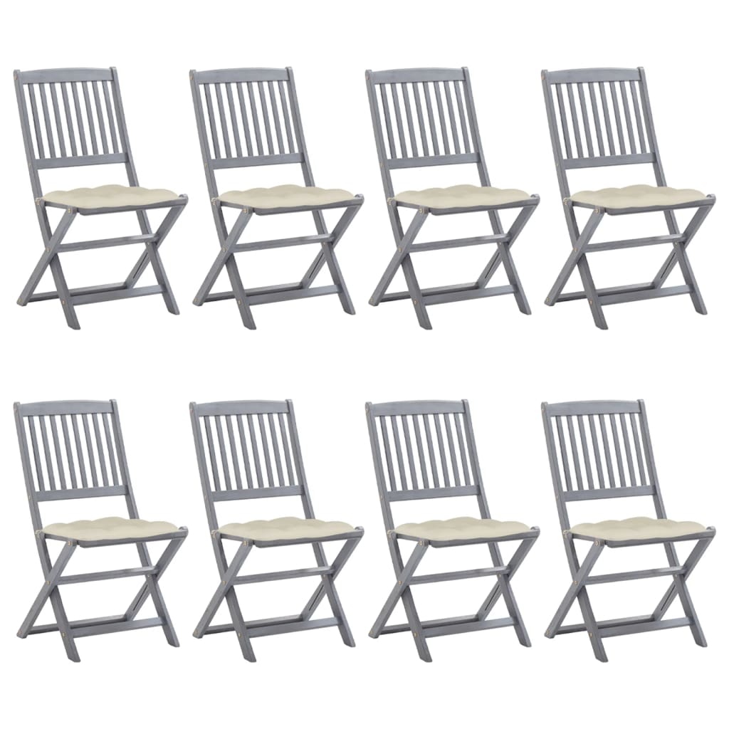 Set de 8 scaune de exterior pliabile cu perne crem vidaXL, Lemn de acacia, 48.5 x 57 x 91 cm, perna 7 cm, Gri/Crem