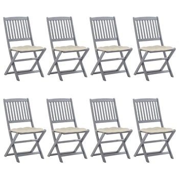 Set de 8 scaune de exterior pliabile cu perne crem vidaXL, Lemn de acacia, 48.5 x 57 x 91 cm, perna 7 cm, Gri/Crem