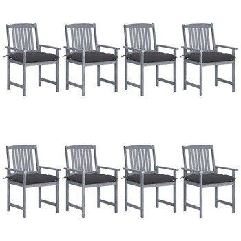 Set de 8 scaune de gradina din lemn masiv cu perne antracit vidaXL, Lemn, 61 x 57 x 92 cm, perna 7 cm, Gri/Antracit