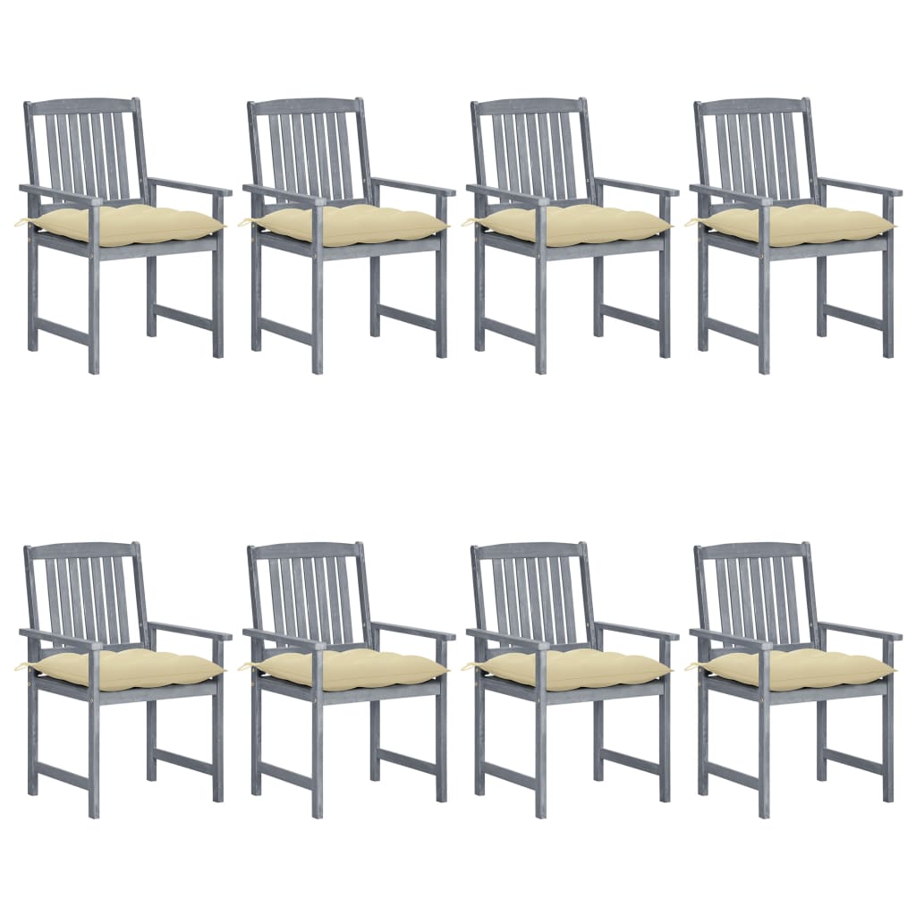 Set de 8 scaune de gradina din lemn masiv cu perne crem vidaXL, Lemn, 61 x 57 x 92 cm, perna 7 cm, Gri/Crem