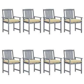 Set de 8 scaune de gradina din lemn masiv cu perne crem vidaXL, Lemn, 61 x 57 x 92 cm, perna 7 cm, Gri/Crem