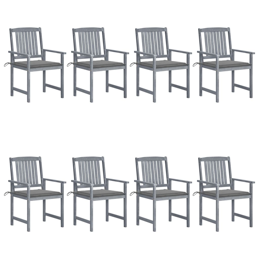Set de 8 scaune de gradina din lemn masiv cu perne gri vidaXL, Lemn, 61 x 57 x 92 cm, perna 4 cm, Gri