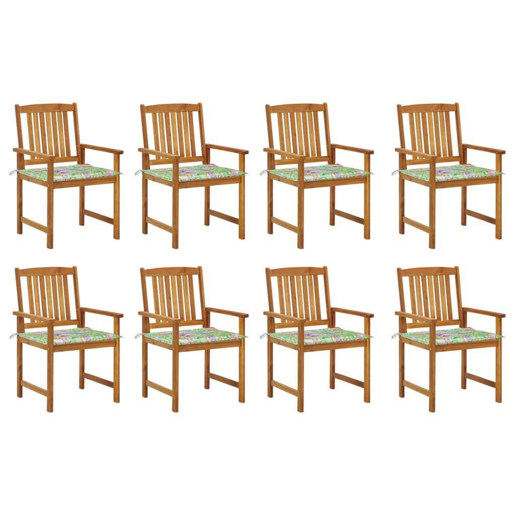Set Scaune gradina cu perne model flori, 8 buc, maro/verde lemn masiv de acacia 3078178