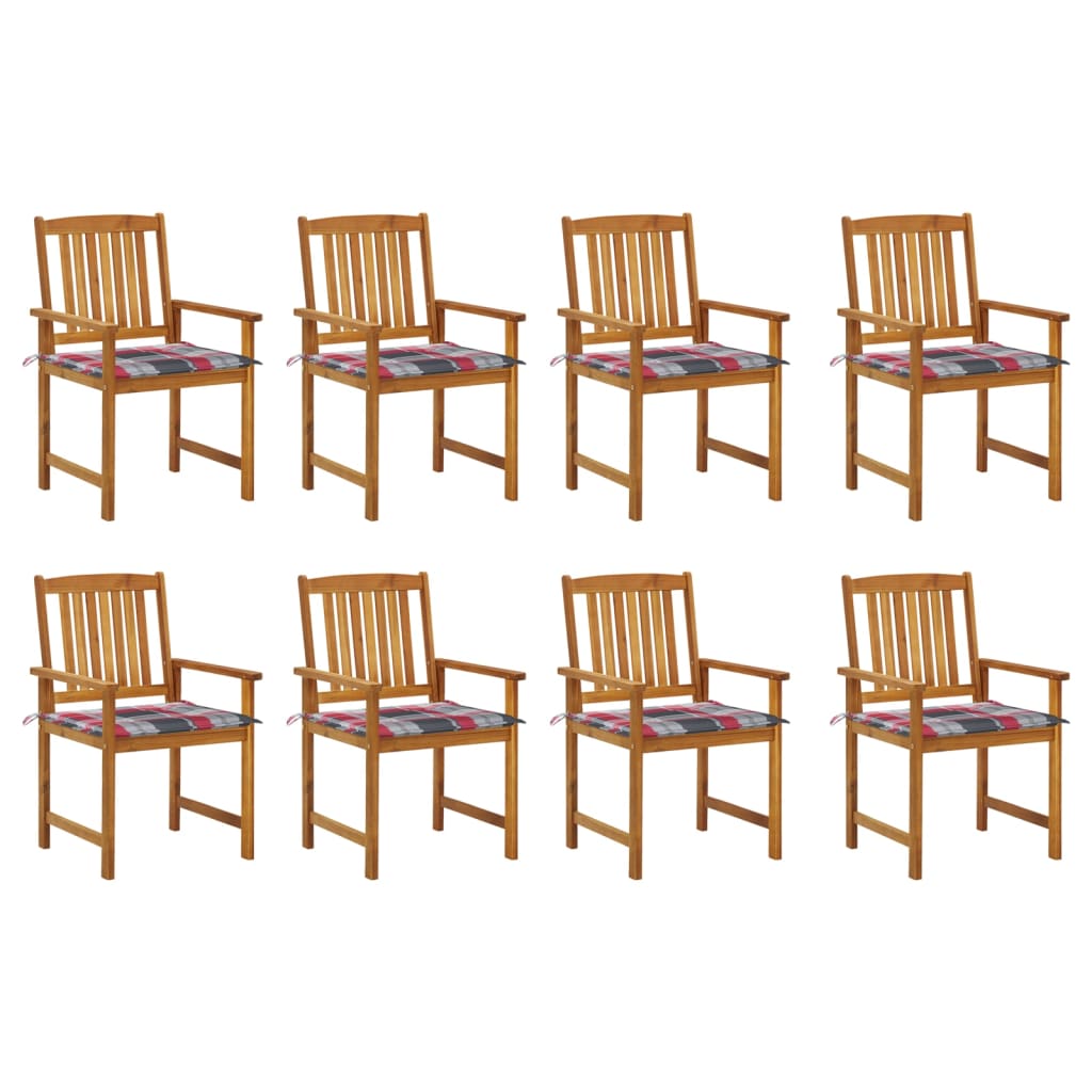 Set Scaune gradina cu perne model carouri rosii, 8 buc, maro/rosu lemn masiv de acacia 3078179