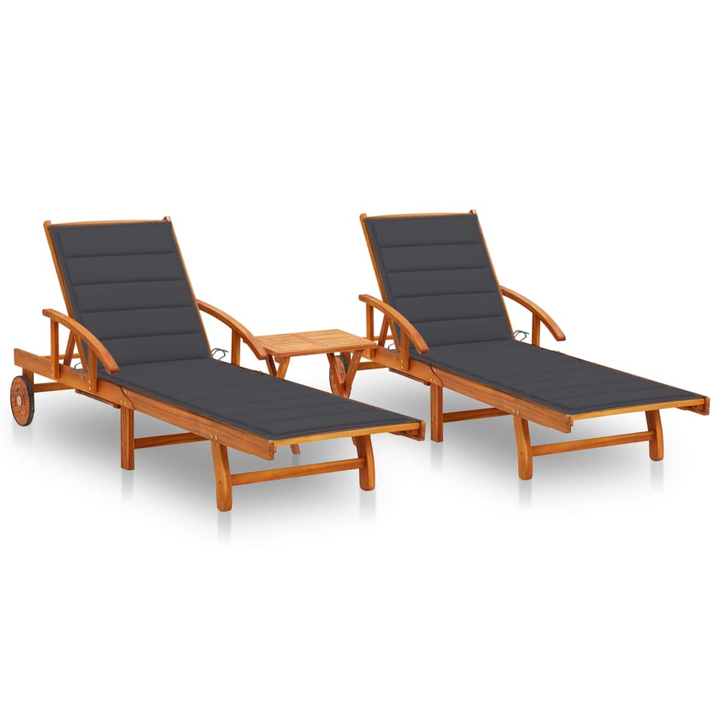 Set de 2 sezlonguri de gradina cu perna vidaXL, Lemn de acacia, 199 x 67 x 85 cm, Maro/Gri antracit