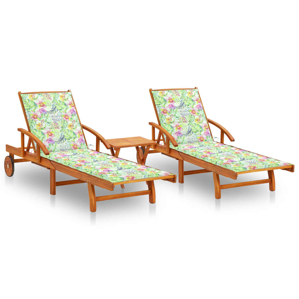 Set de 2 sezlonguri de exterior cu masa si perne cu model floral vidaXL, Lemn de acacia, 199 x 67 x 85 cm, Maro/Multicolor