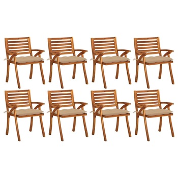 Set de 8 scaune de gradina din lemn masiv cu perne vidaXL, Lemn, 59 x 59 x 87 cm, perna 7 cm, Maro/Bej