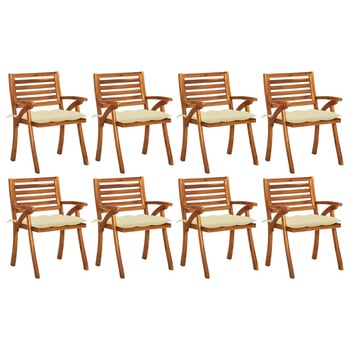 Set de 8 scaune de gradina din lemn masiv cu perne vidaXL, Lemn, 59 x 59 x 87 cm, perna 7 cm, Maro/Crem