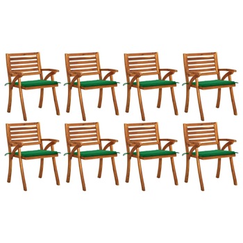 Set de 8 scaune de gradina din lemn masiv cu perne vidaXL, Lemn, 59 x 59 x 87 cm, perna 4 cm, Maro/Verde