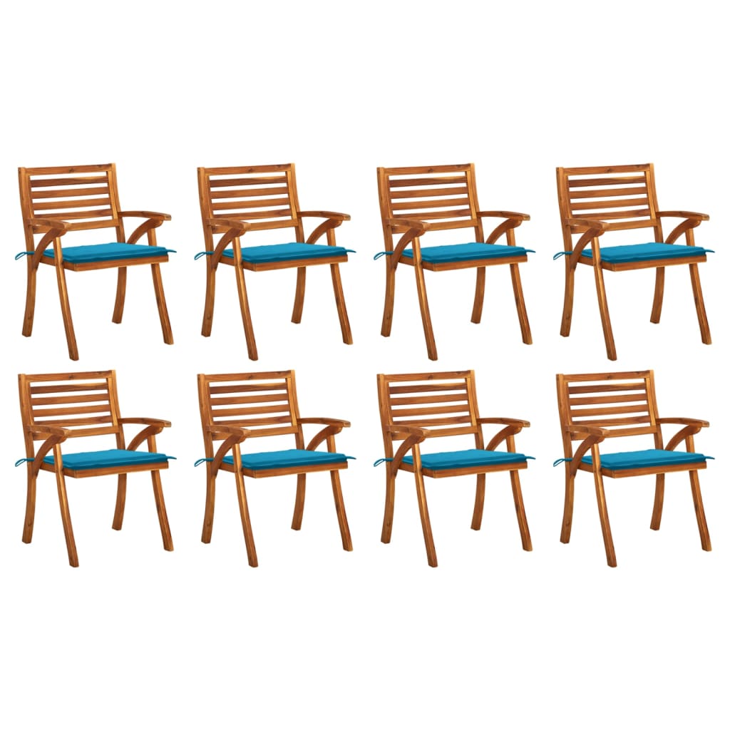 Set de 8 scaune de gradina din lemn masiv cu perne vidaXL, Lemn, 59 x 59 x 87 cm, perna 4 cm, Maro/Albastru deschis