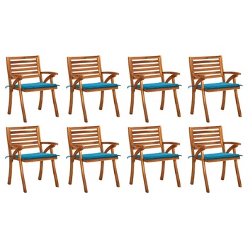 Set de 8 scaune de gradina din lemn masiv cu perne vidaXL, Lemn, 59 x 59 x 87 cm, perna 4 cm, Maro/Albastru deschis