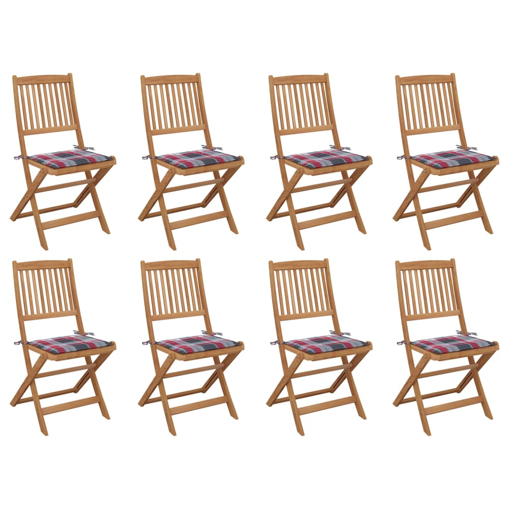 Set Scaune pliabile de exterior cu perne model carouri rosii, 8 buc, maro/rosu lemn masiv acacia 3075126