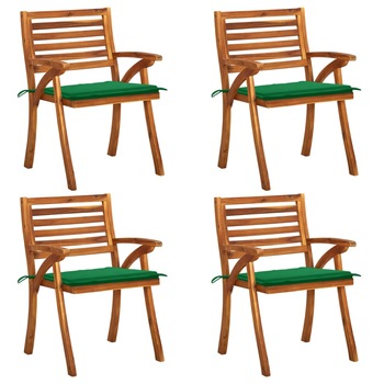 Set de 4 scaune de gradina din lemn masiv cu perne vidaXL, Lemn, 59 x 59 x 87 cm, perna 4 cm, Maro/Verde