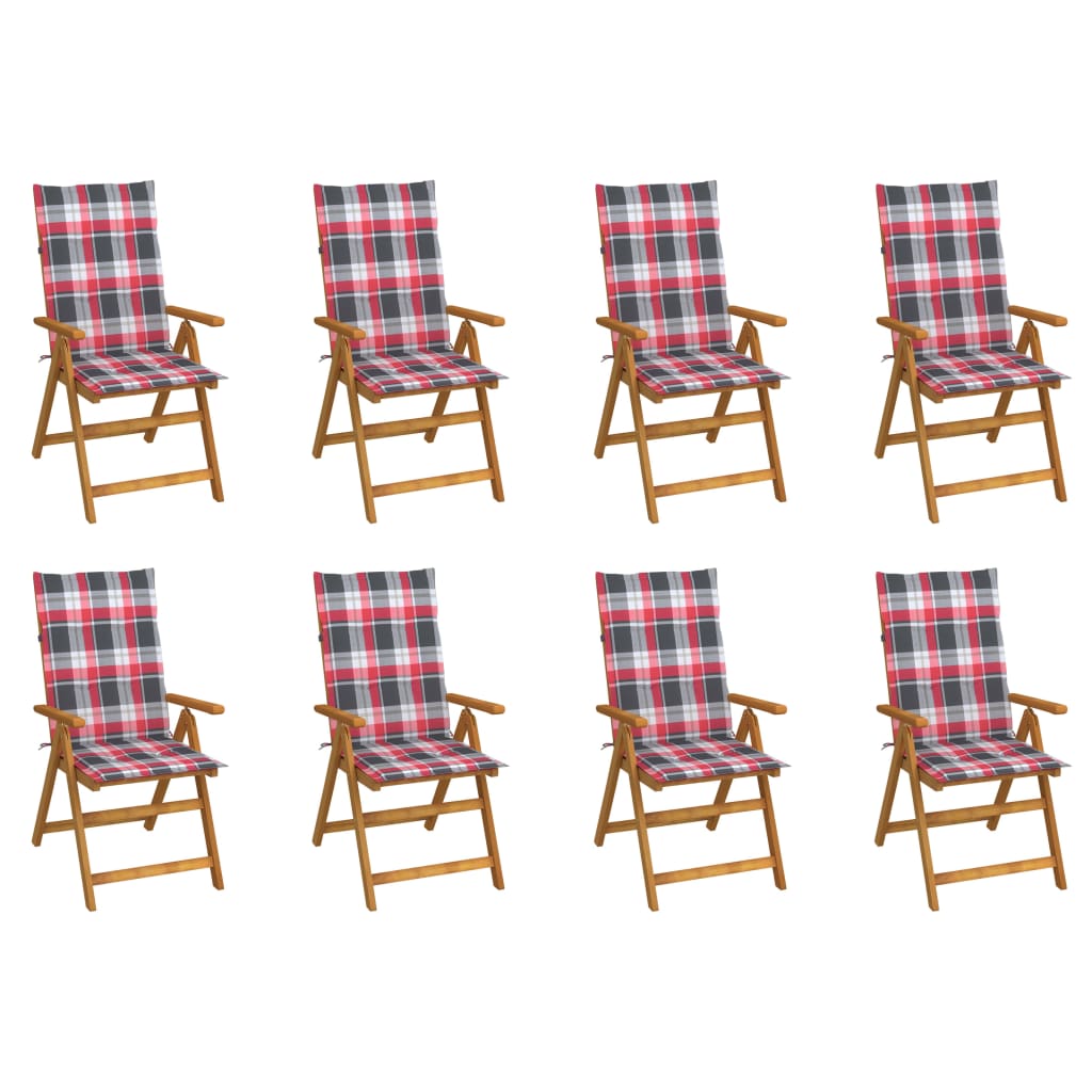 Set Scaune gradina pliabile cu perne model carouri, 8 buc maro/Rosu , lemn masiv acacia 3075067