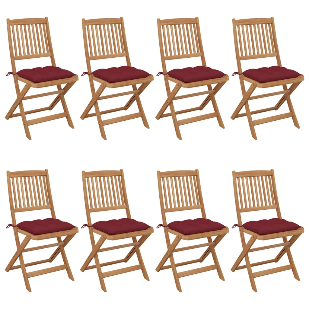 Set Scaune de gradina pliabile cu perne, 8 buc maro/ Rosu, lemn masiv acacia 3075045