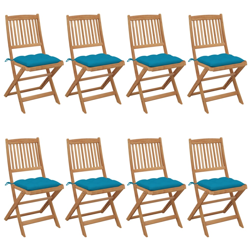 Set Scaune de gradina pliabile cu perne, 8 buc maro/Albastru, lemn masiv acacia 3075040