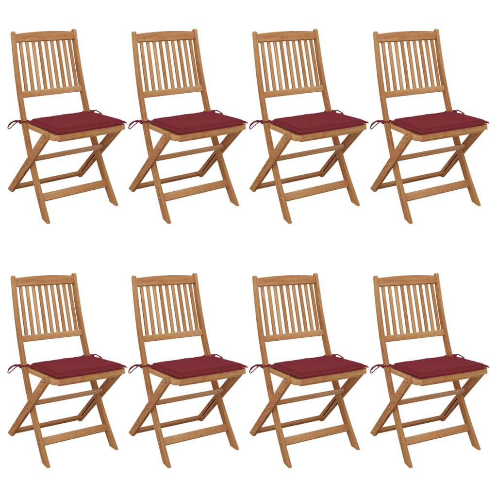 Set Scaune de gradina pliabile cu perne, 8 buc maro/Rosu vin, lemn masiv acacia 3075030