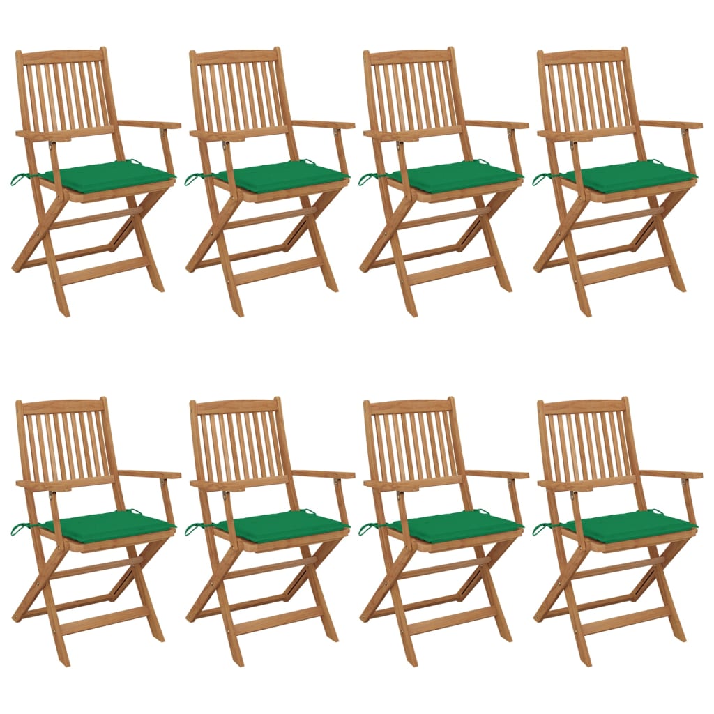 Set Scaune de gradina pliabile cu perne, 8 buc maro/Verde, lemn masiv acacia 3074972