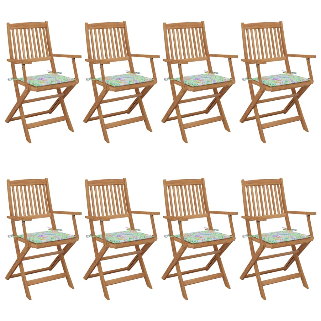 Set Scaune de gradina pliabile cu perne cu flori, 8 buc maro/Verde, lemn masiv acacia 3074979