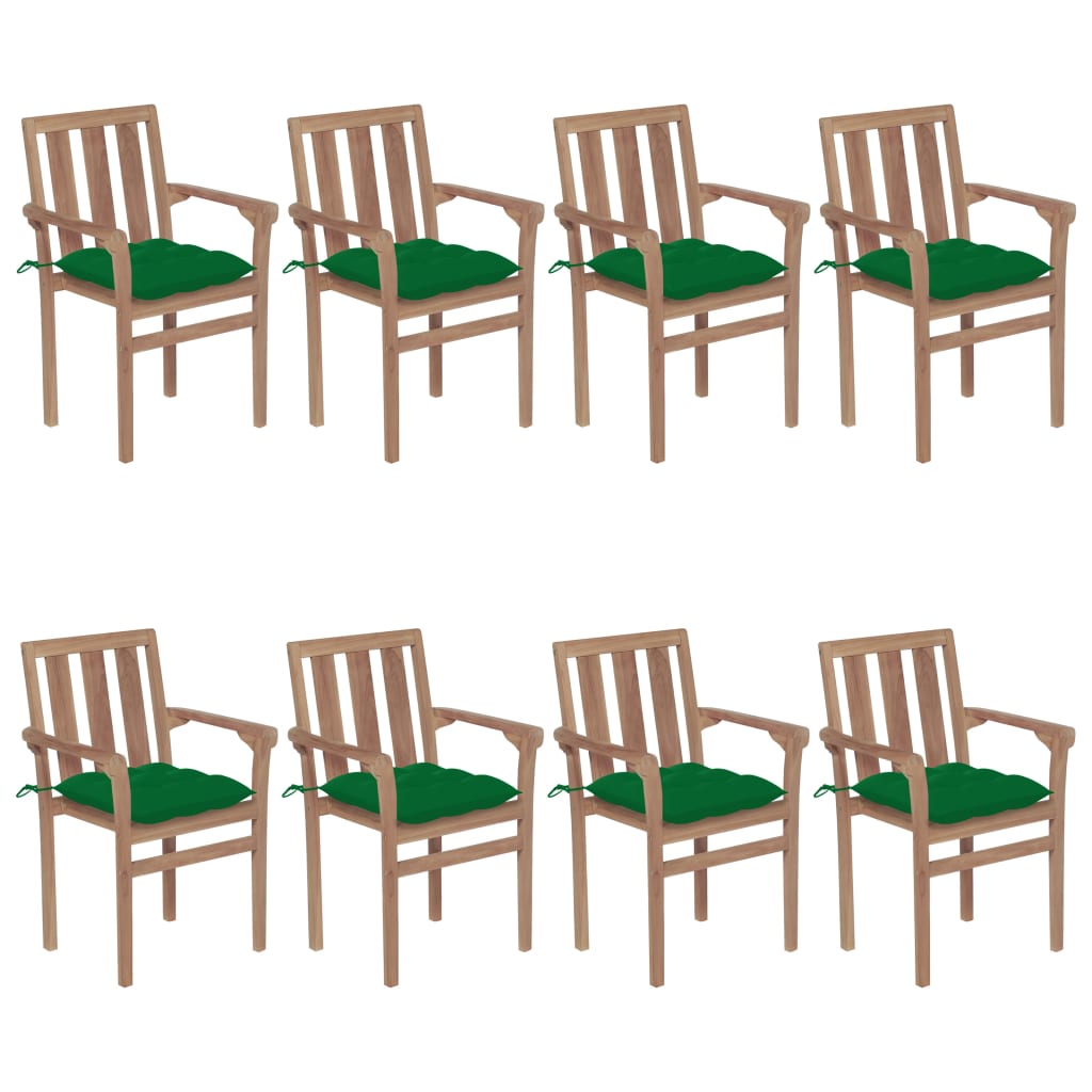Set Scaune de gradina stivuibile cu perne, 8 buc maro/Verde, lemn masiv tec 3073453