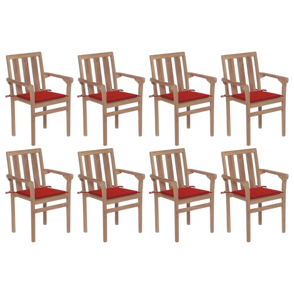 Set Scaune de gradina stivuibile cu perne, 8 buc maro/Rosu, lemn masiv tec 3073439
