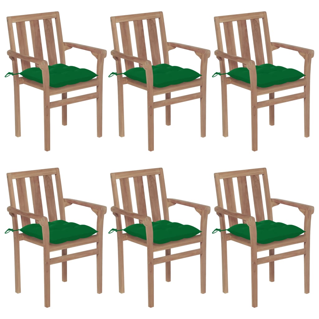 Set Scaune gradina stivuibile cu perne, 6 buc maro/Verde, lemn masiv tec 3073426